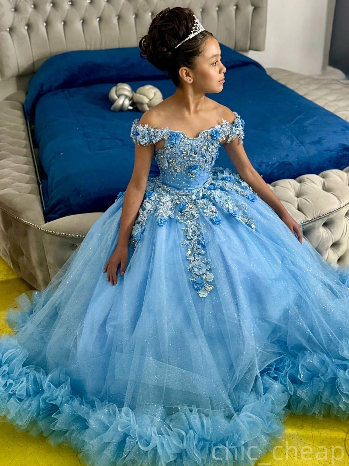 2025 Light Sky Blue Flower Girl Dresses Ball Gown Floral Lace Beaded Crystals Tulle Little Girl Christmas Peageant Birthday Christening Tutu Dress Gow