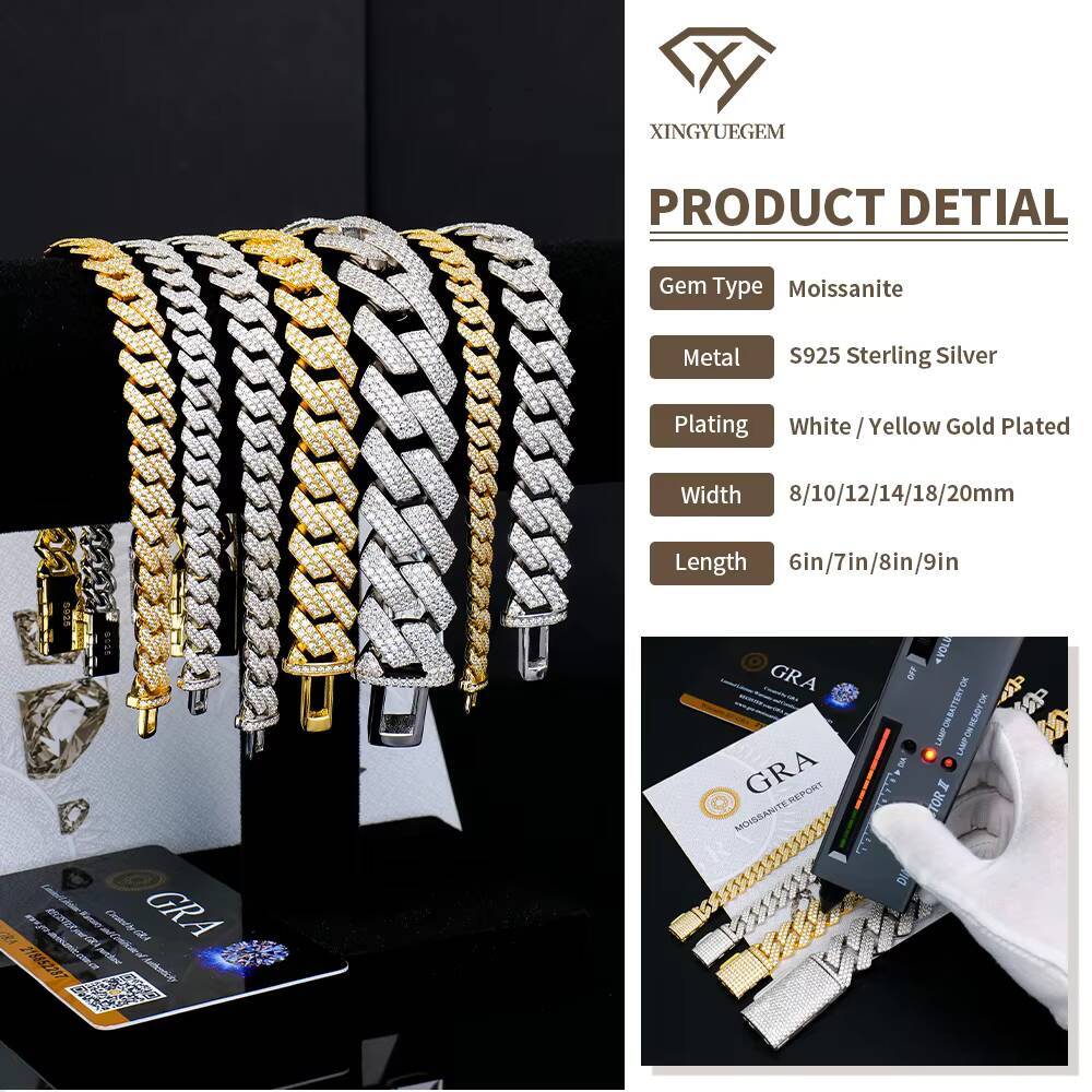 Gra Certified 8-20mm Luxury Hip Hop Jewelry 925 Silver Mens Iced Out Vvs Diamond Mossanite Moissanite Cuban Link Chain Bracelet