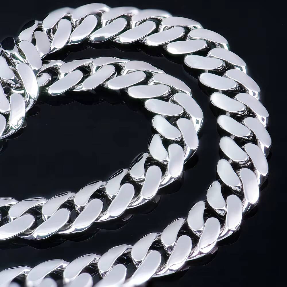 Custom Men Hiphop 18mm Diamond-Cut White Gold Plated 925 Sterling Silver High Polished Plain Cuban Bracelet Necklace Link Chain