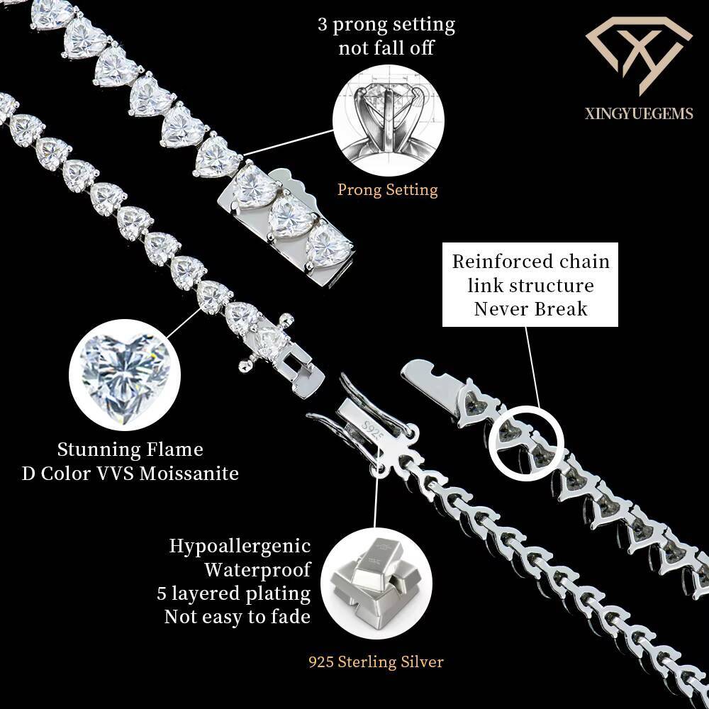 Factory Wholesale Custom Womens 925 Silver 3mm 4mm Heart Lab Grown Diamond Mossanite Trendy Style Gift Tennis Bracelet