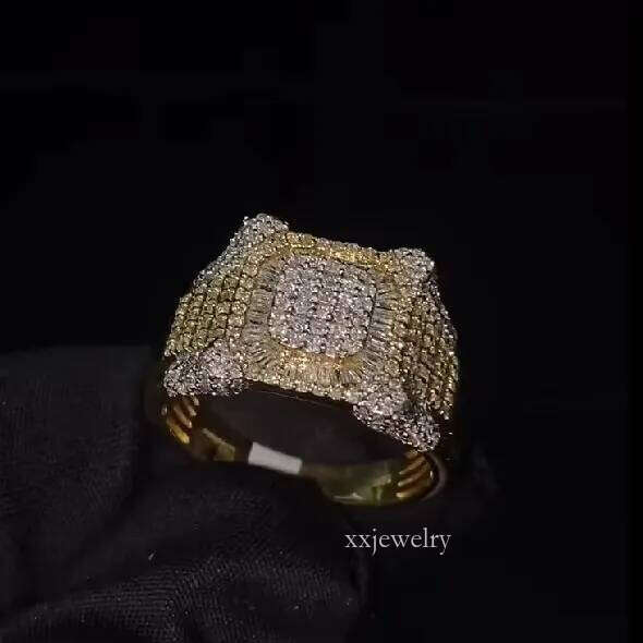 Hiphop Iced Out Two Tone Cluster Square Sier VVS Baguette Dias Moissanite Mens Ring