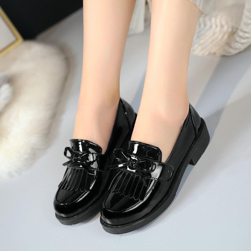 Glossy Patent Mary Jane Flats 3CM Chunky Heel School Shoes w/ Metal Chain Bow (Black) - Factory Direct