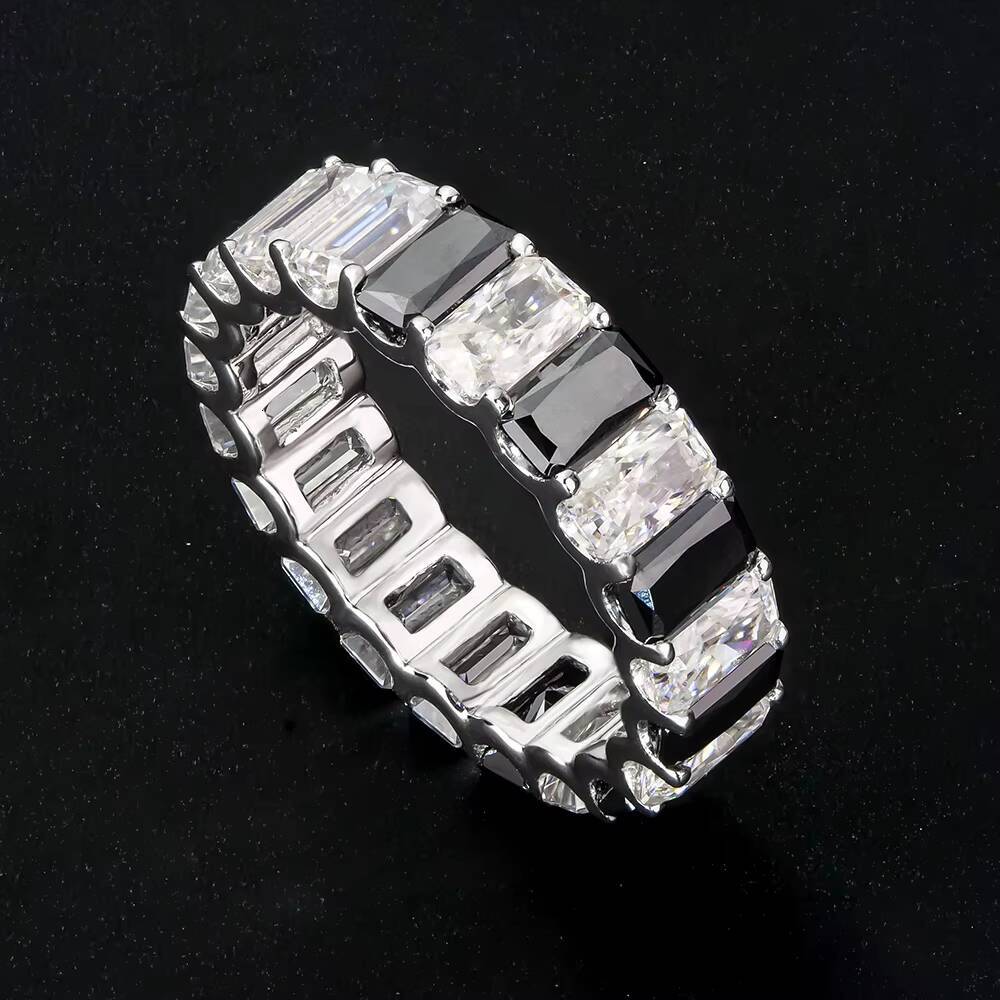 Men Women Hip Hop Real 9k White Gold Emerald Cut Shape Black white Gra Vvs Mossanite Moissanite Iced Out Tennis Eternity Ring