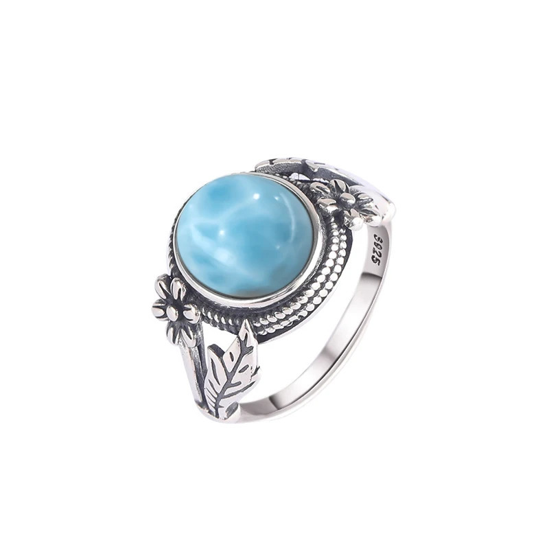 Vintage 925 Silver Ring Natural Larimar Stone Ring Round Flower Shape Sky Blue Summer Ring Fine Jewelry Gift for Men Women 250730
