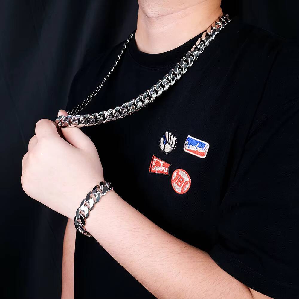Mens Miami Hip Hop Fashion Jewelry 18k Gold Plated 925 Sterling Silver 14mm 18mm Plain Cuban Chain Necklace Link Bracelets