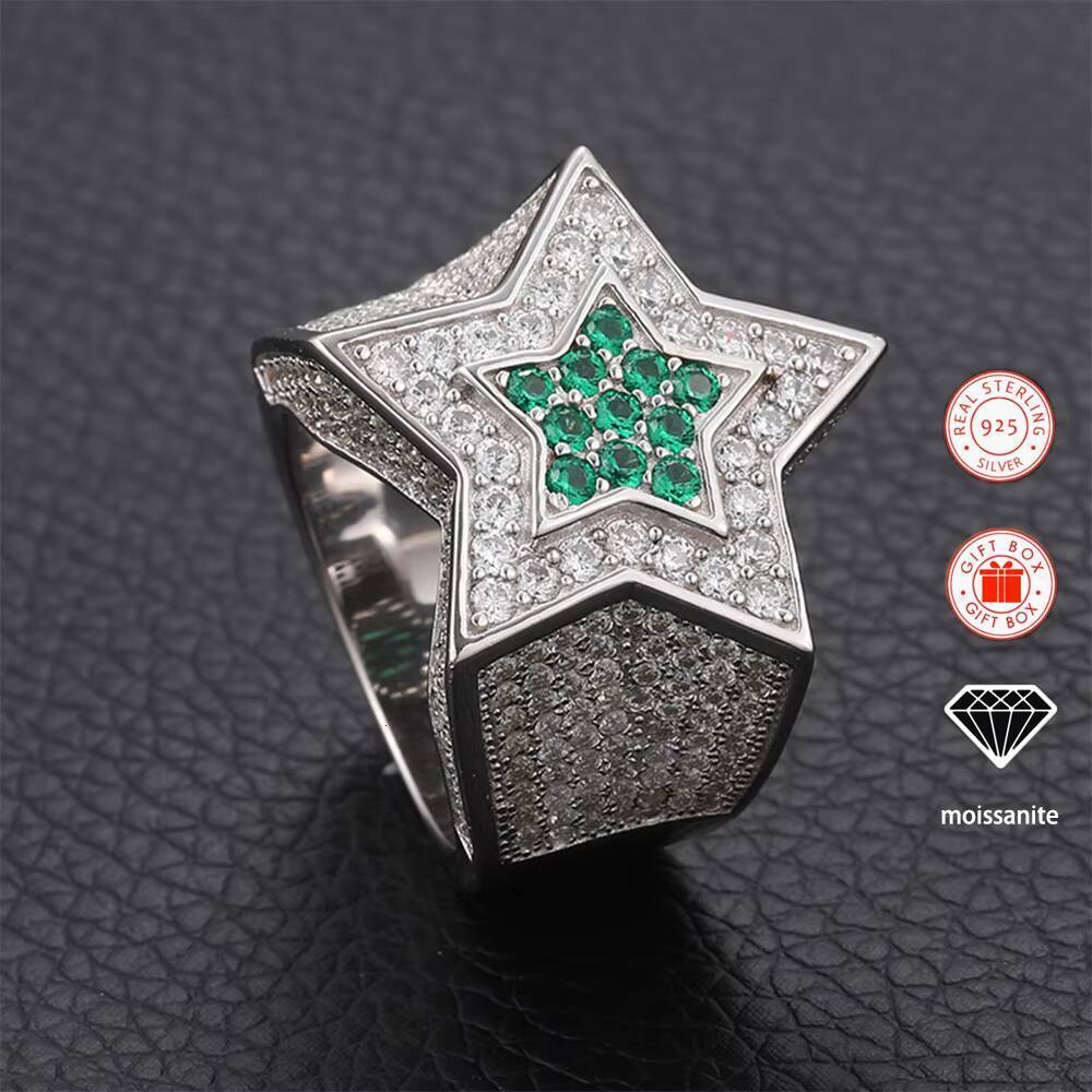 Sapphire Star Pentagram Moissanite Ring for Men 18K Gold-Plated S925 Sterling Silver Hiphop Style Rings