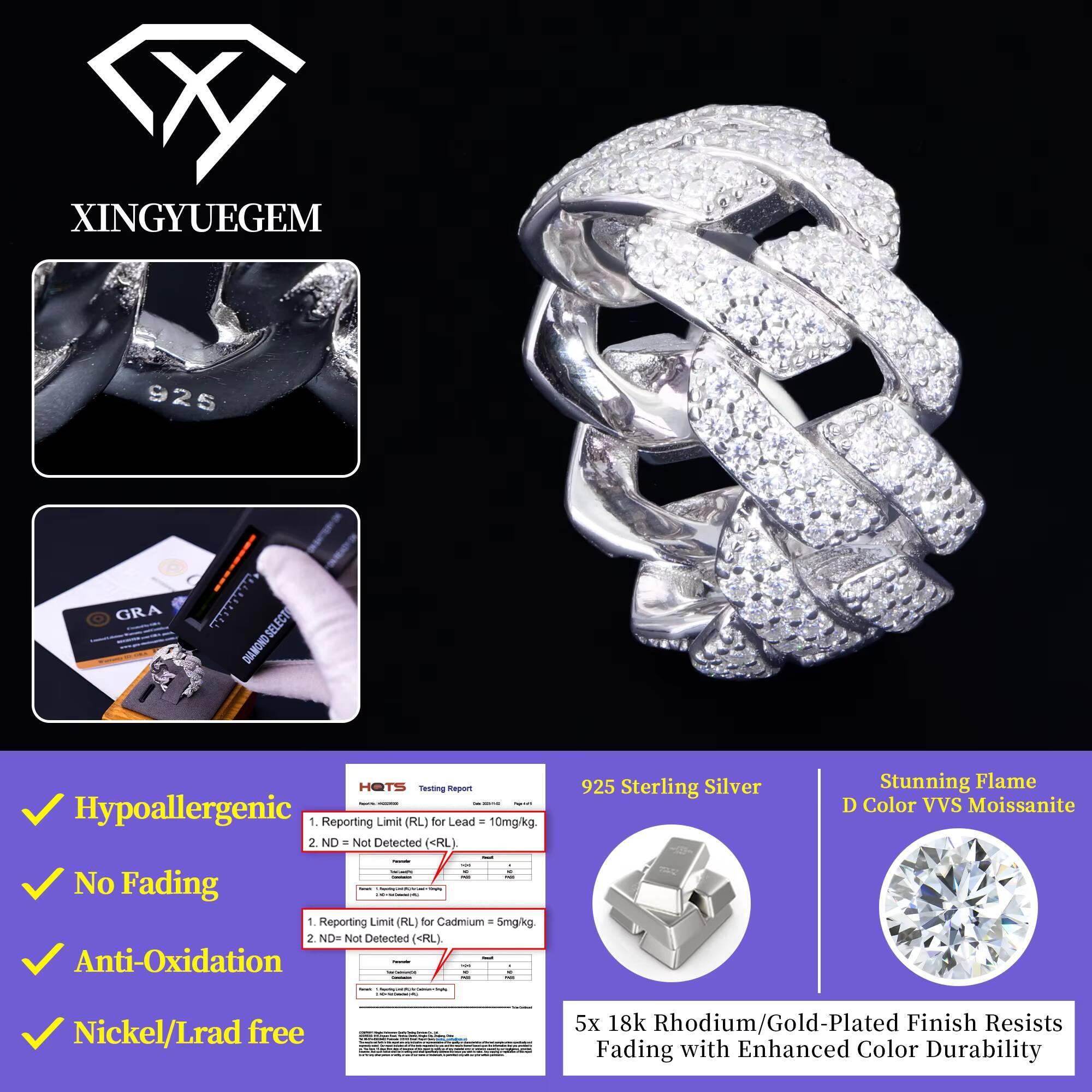 Cuban Ring Hiphop 925 Silver Moissanite D VVS1 Pass Diamond Test Wholesale Jewelry Factory Party Jewelry for Men