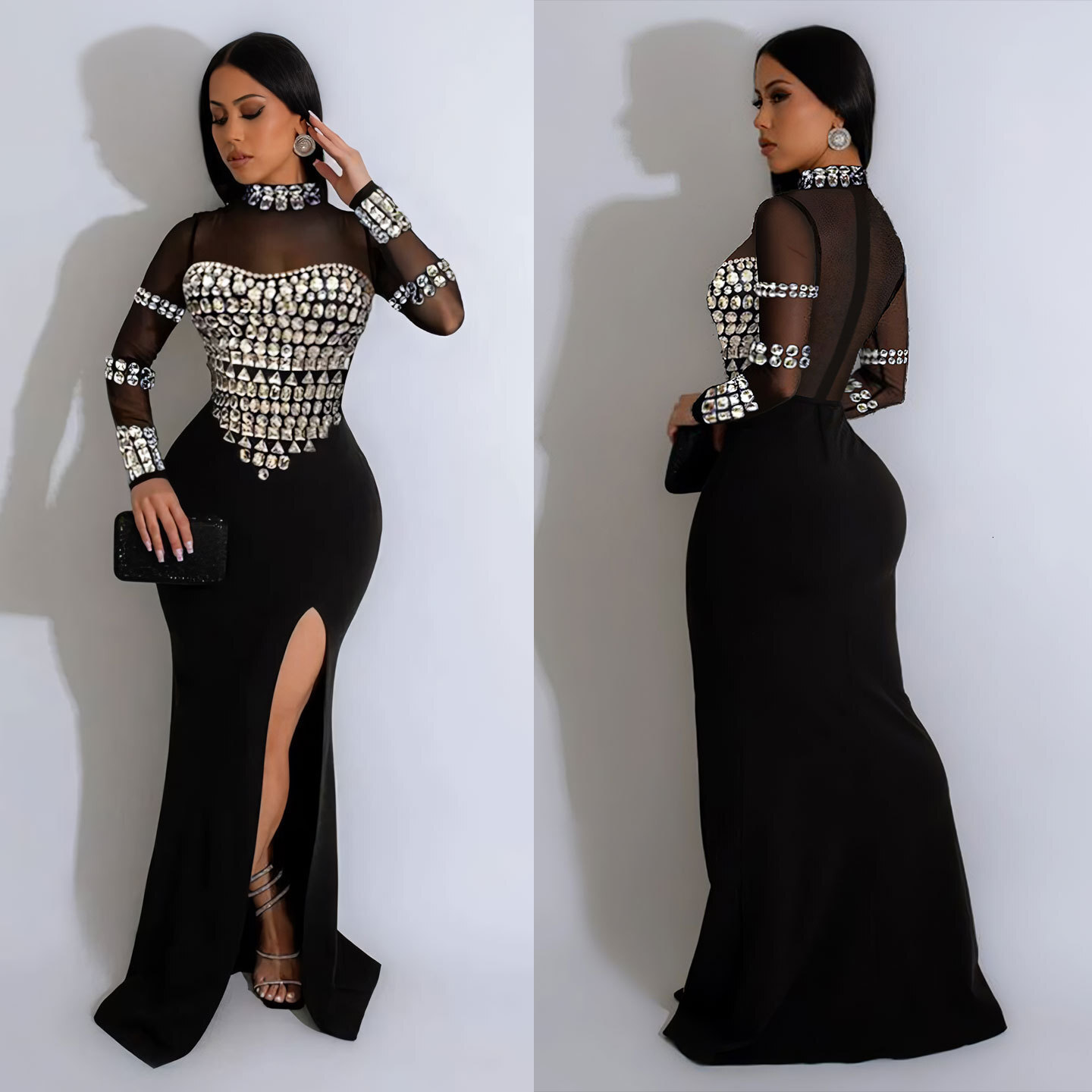 2025 Summer New Women's S Dress K European and American trend Sexy Water Diamond Perspective Patch Slimming Elastic Dress New Designer Dress