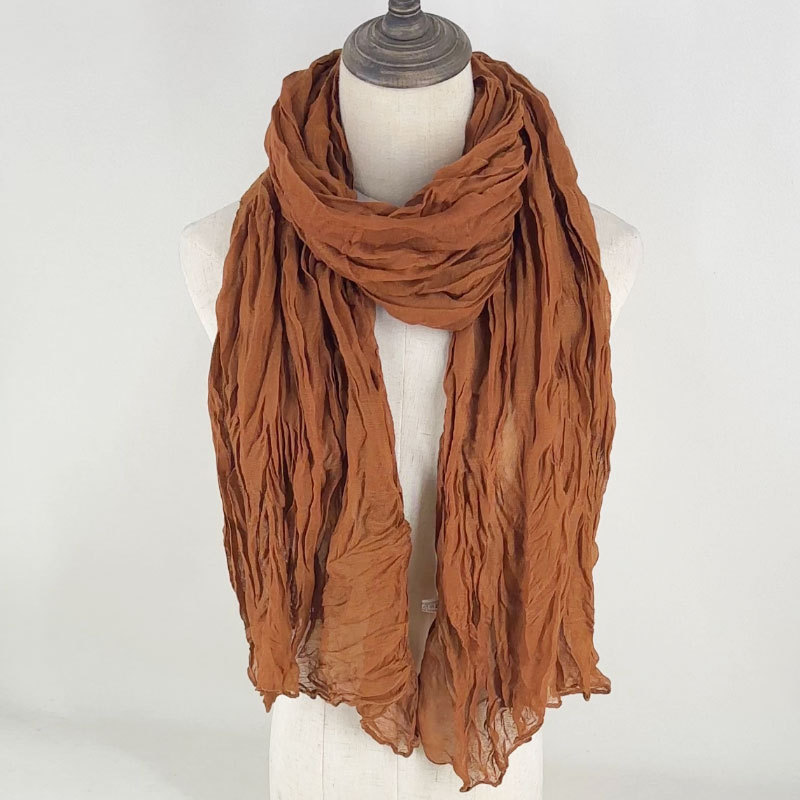 K1573 Hot-selling solid color wrinkled scarf for women, artistic and casual cotton and linen scarf, versatile neck protection scarf, sunscreen silk sc