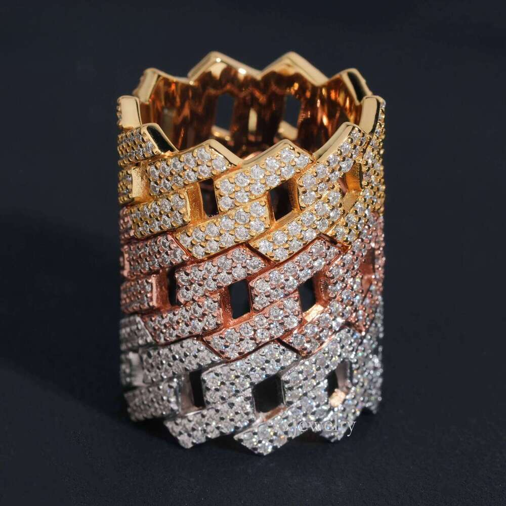 Factory Direct High Quality Hip Hop Two Row Sterling Sier Moissanite Iced Out Cuban Ring