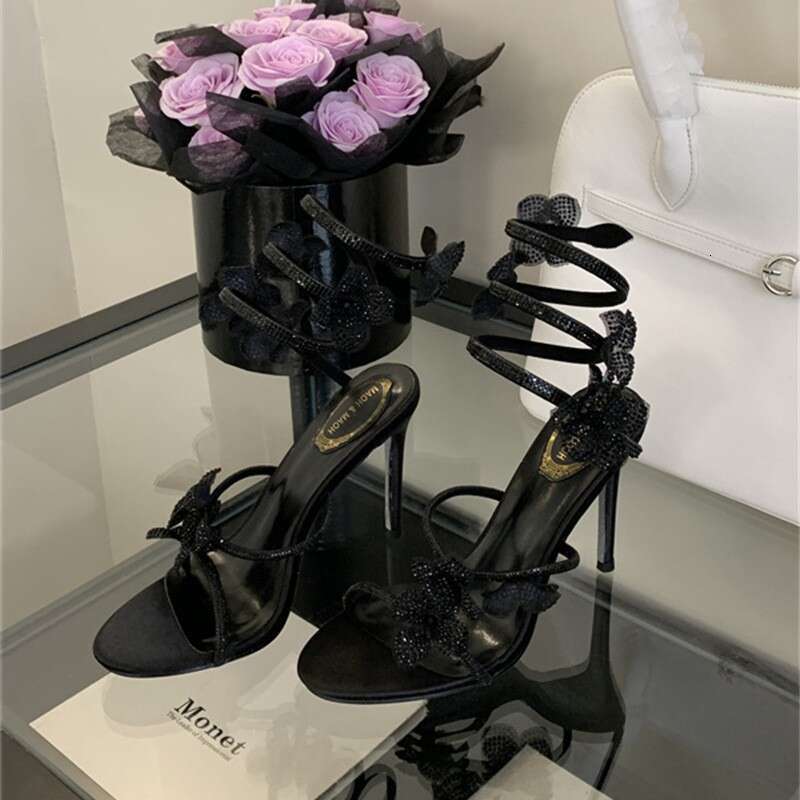 2025 Spring New Plus Size snake Elegant Sweet Stiletto Heels Women's Floral Rhinestone Open Toe Sandals Ankle Strap