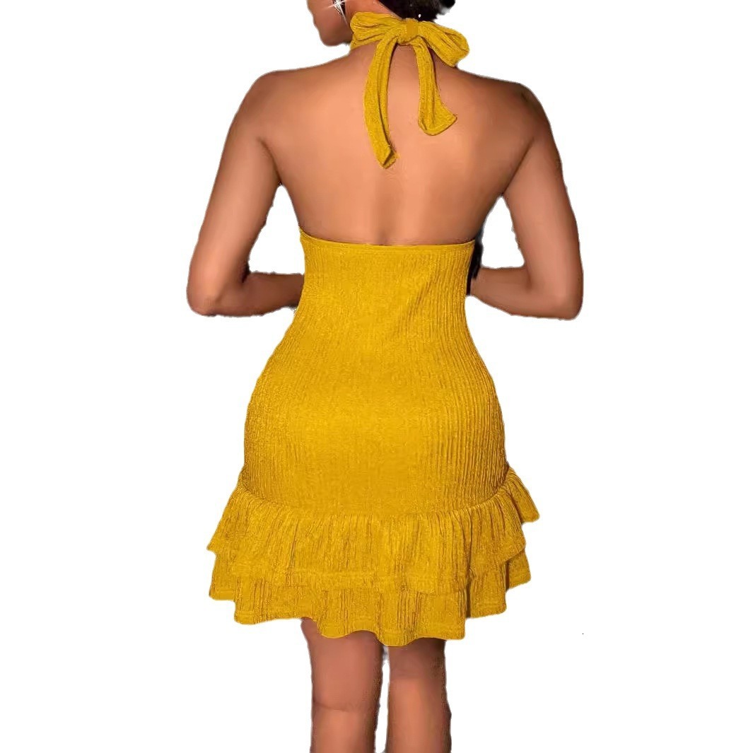 2025 summer new backless collar sexy fashion low cut slim fit solid color tight dress European and American style fashionable women's S dress new