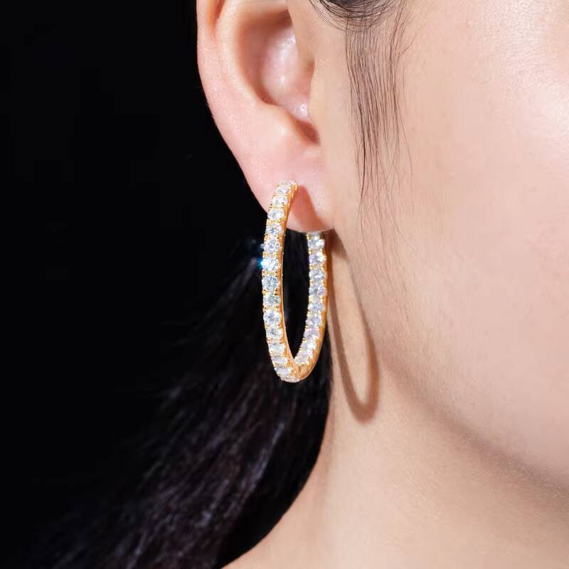 Moissanite Diamond Encrusted Hoop Earrings in Silver/Gold Elegant Diamond Lined Hoop Earrings