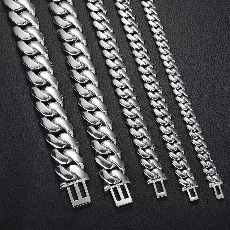 Wholesale Choker White Gold Plated Cuban Link Chain 10mm-25mm Heavy Solid Brass Miami Cuban Chains Bracelet Necklace for Men