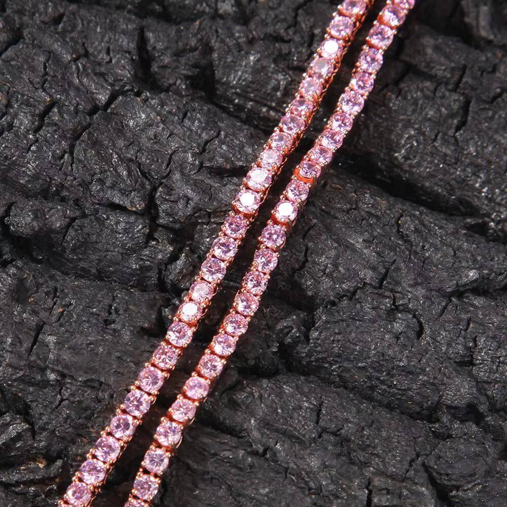 4mm Full Pink CZ Tennis Chain Necklace Cubic Zirconia Women Rapper Choker Necklace Baby Pink Jewelry