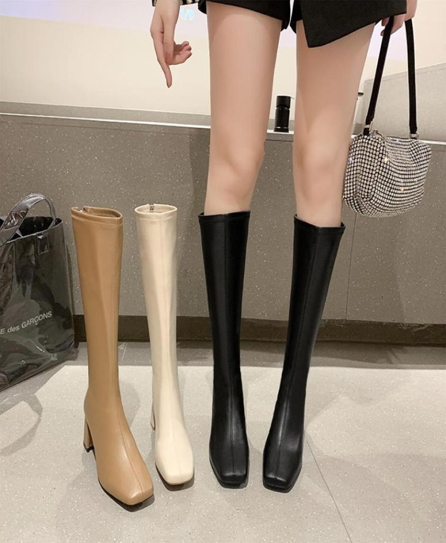 2022 White Black White Women Knee High Boots PU Leather Pointed Toe Ladies Long Boots Short Plush Women Winter Boots1217969