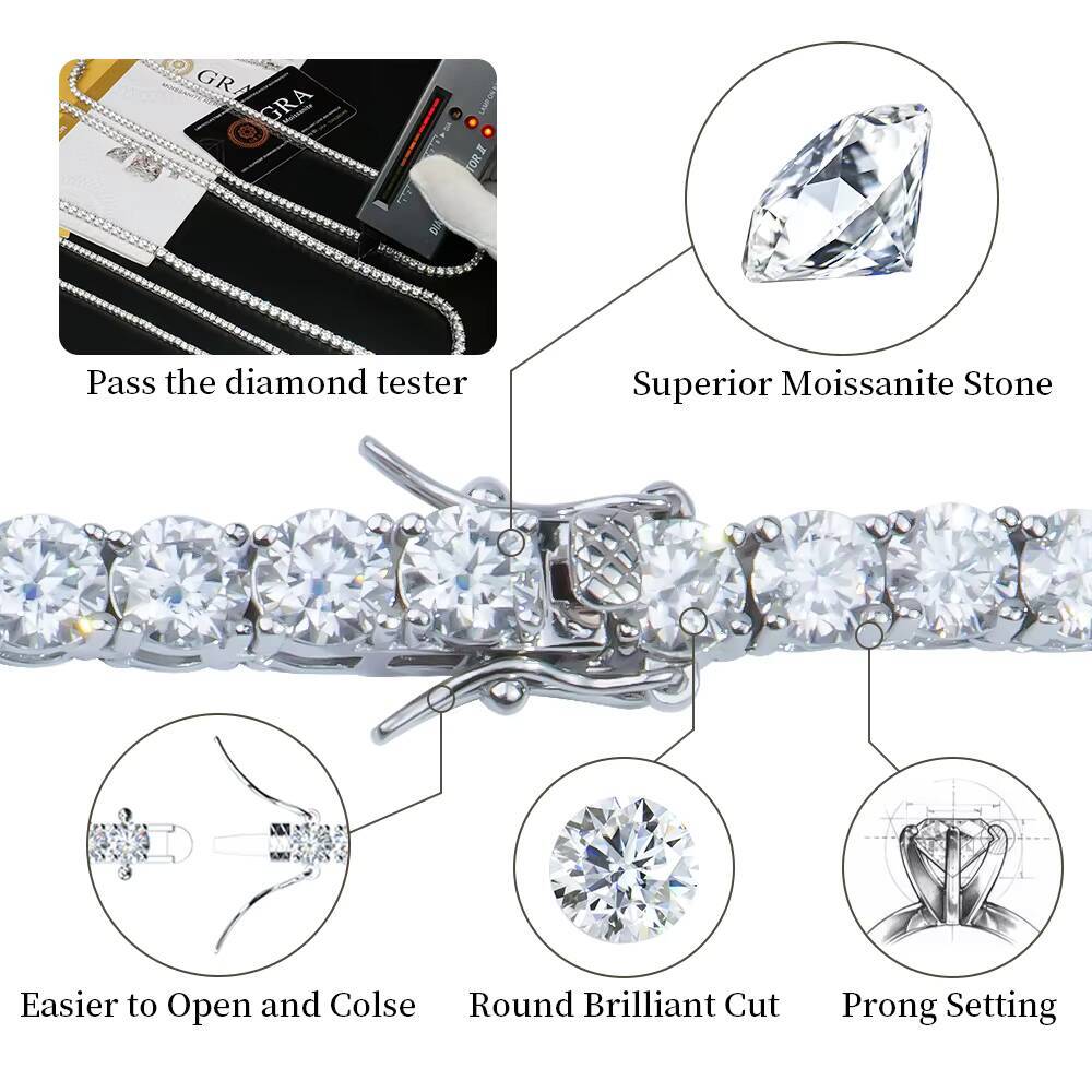 Hip Hop Ice Out 3mm 4mm 5mm 6mm Black Blue 925 Sterling Silver VVS Moissanite Diamond Tennis Bracelet Link Chain Necklace