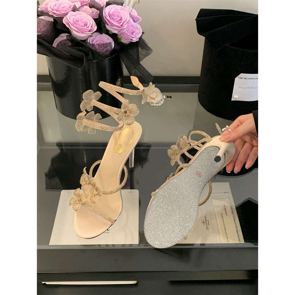 2025 Spring New Plus Size snake Elegant Sweet Stiletto Heels Women's Floral Rhinestone Open Toe Sandals Ankle Strap