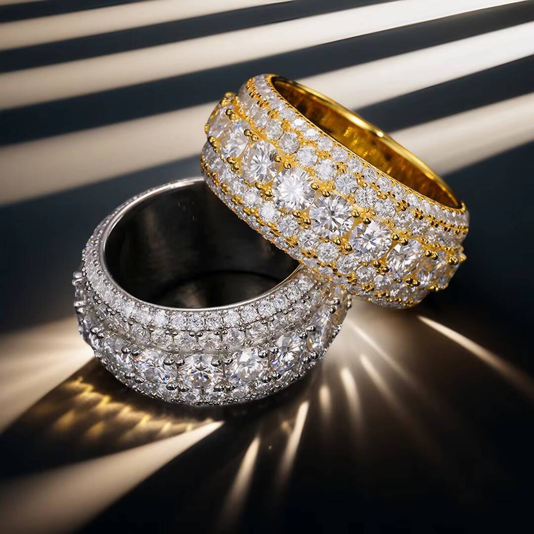 Fine Jewelry Iced Out Hip Hop Cuban Link Ring Gold Plated 925 Sterling Silver VVS Moissanite Diamond Finger Band Ring for Men