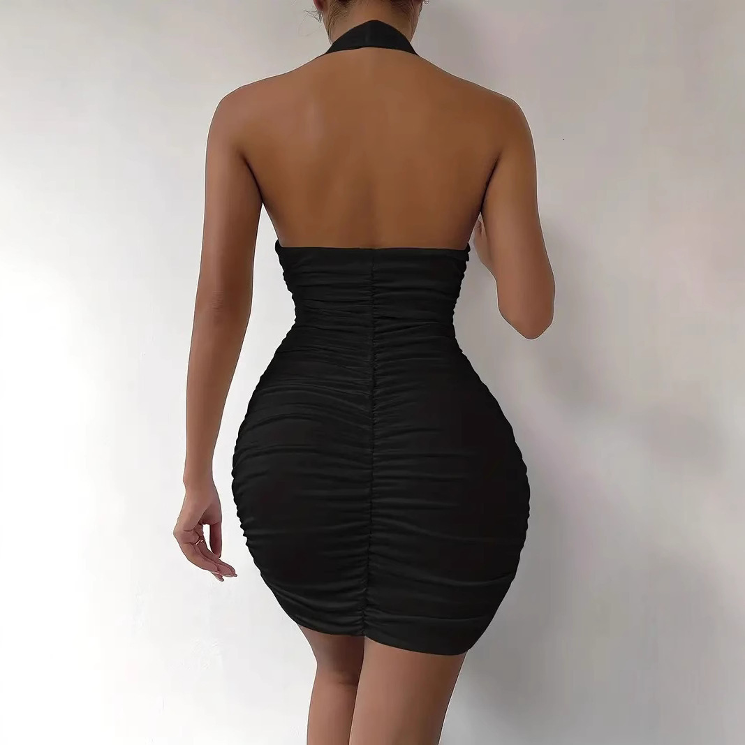 2025 European and American tight fitting dress with off shoulder collar, sexy exposed back, pleated edge, fashion spicy girl dress, ultra short new de