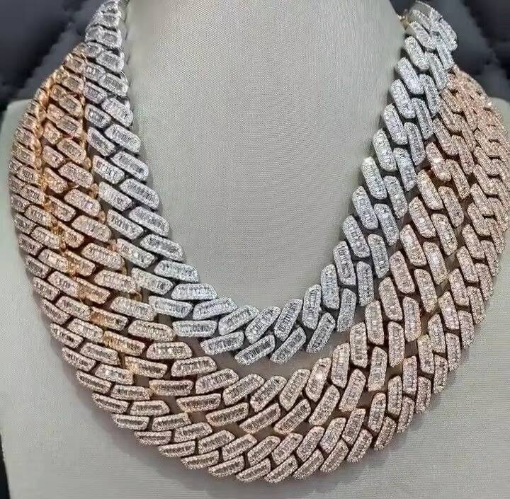 Hip Hop Miami Silver Jewelry for Men Stainless Steel Iced Clasp Link Chain-Cuban Cadena Cubana for Gift Lab Pearl Stones Watches