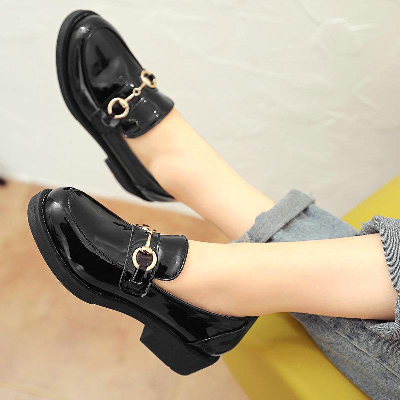 Glossy Patent Mary Jane Flats 3CM Chunky Heel School Shoes w/ Metal Chain Bow (Black) - Factory Direct
