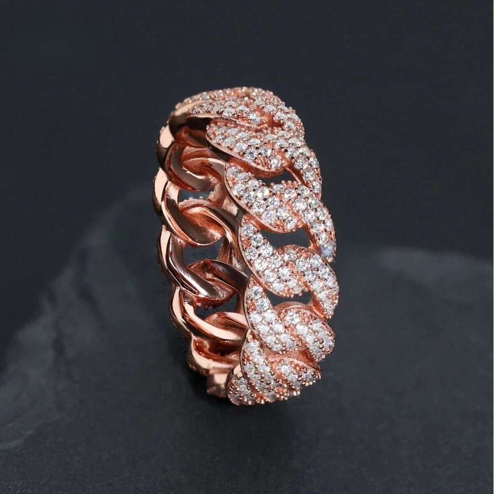 Top notch ring2 Row Cuban Chain Silicon Stone Iced Out Men's Ring Sterling Sier Rhodium Plated D Color Hip Hop Pearlescent Style Wedding Party