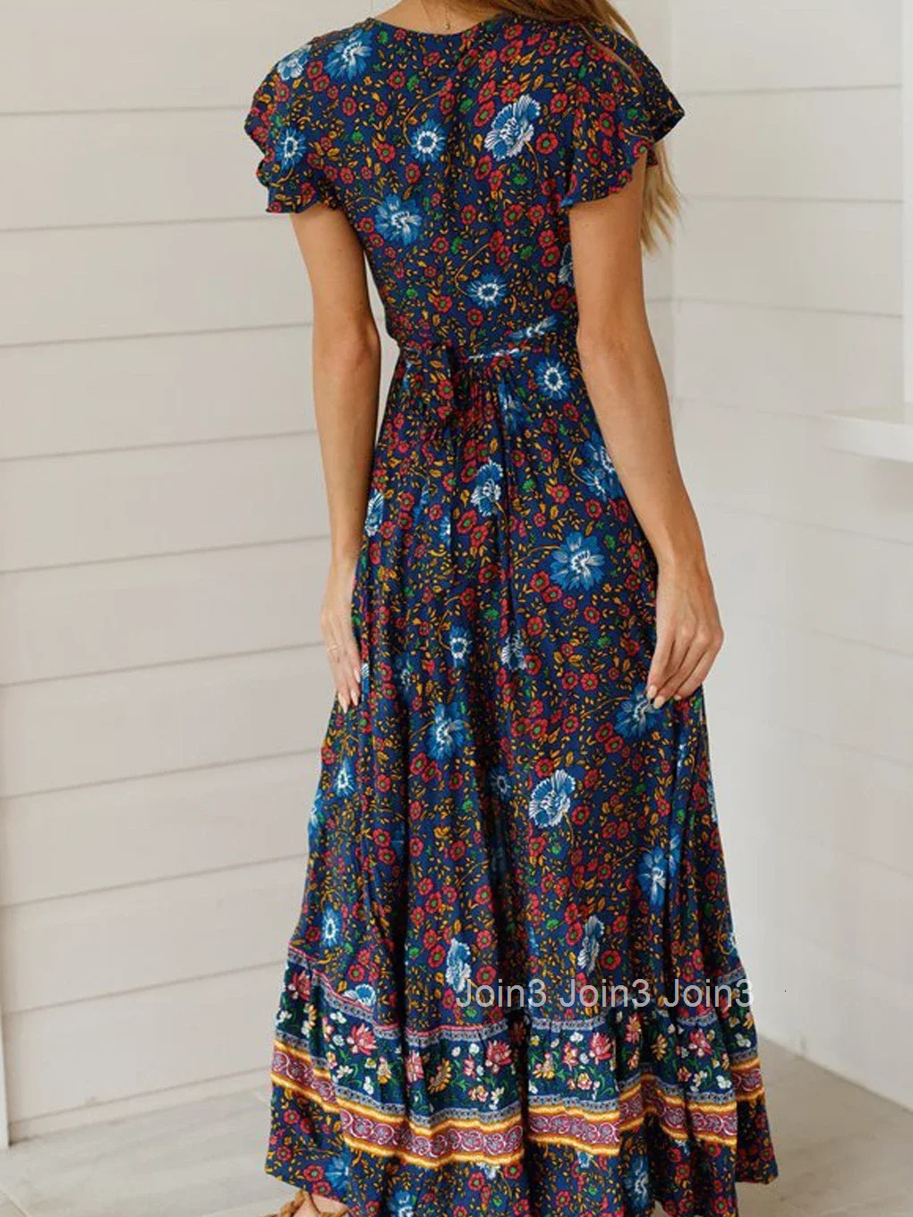 Boho Queens Women Floral Print Bat Sleeve Beach Robe Bohemian Maxi Dresses Ladies Sexy V Neck Summer Happie Dress Vestidos