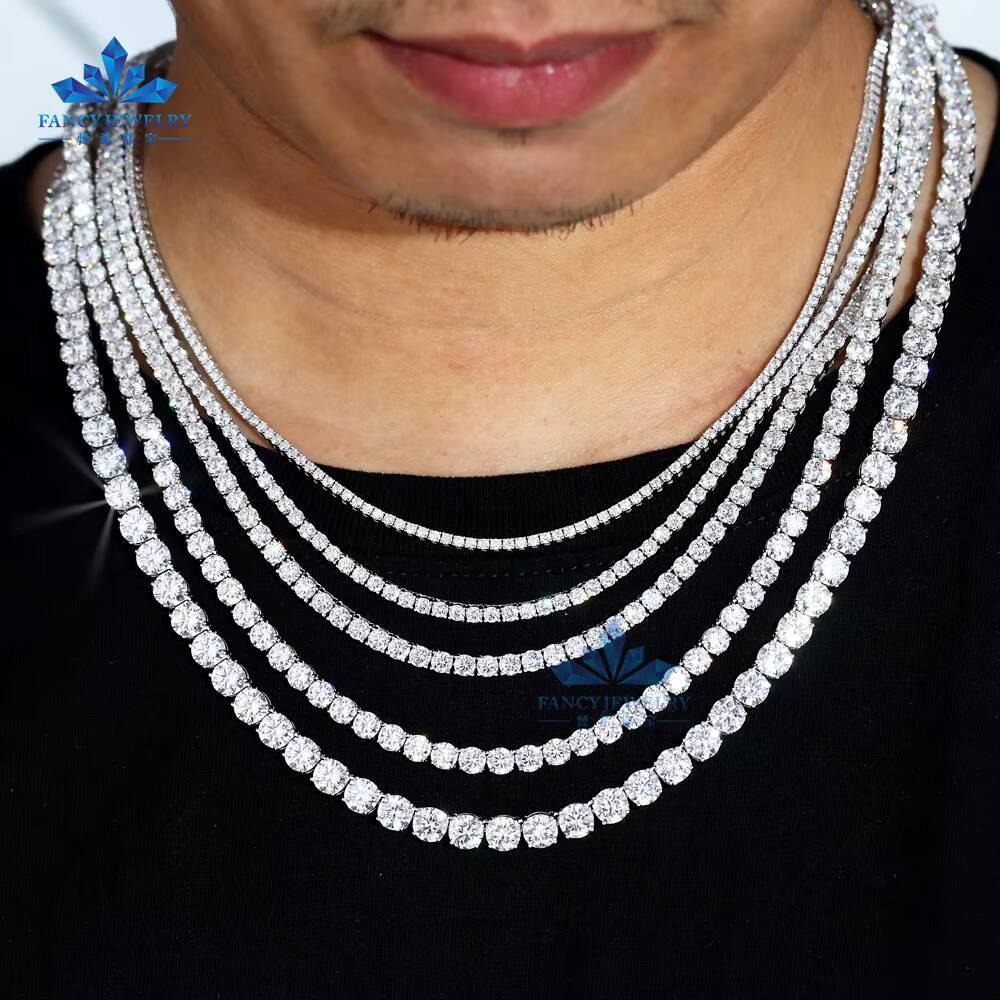 Ready to Ship 925 Sterling Silver Hip Hop Tennis Chain VVS Moissanite Tennis Necklace in 2mm 3mm 4mm 5mm 6.5mm Sizes