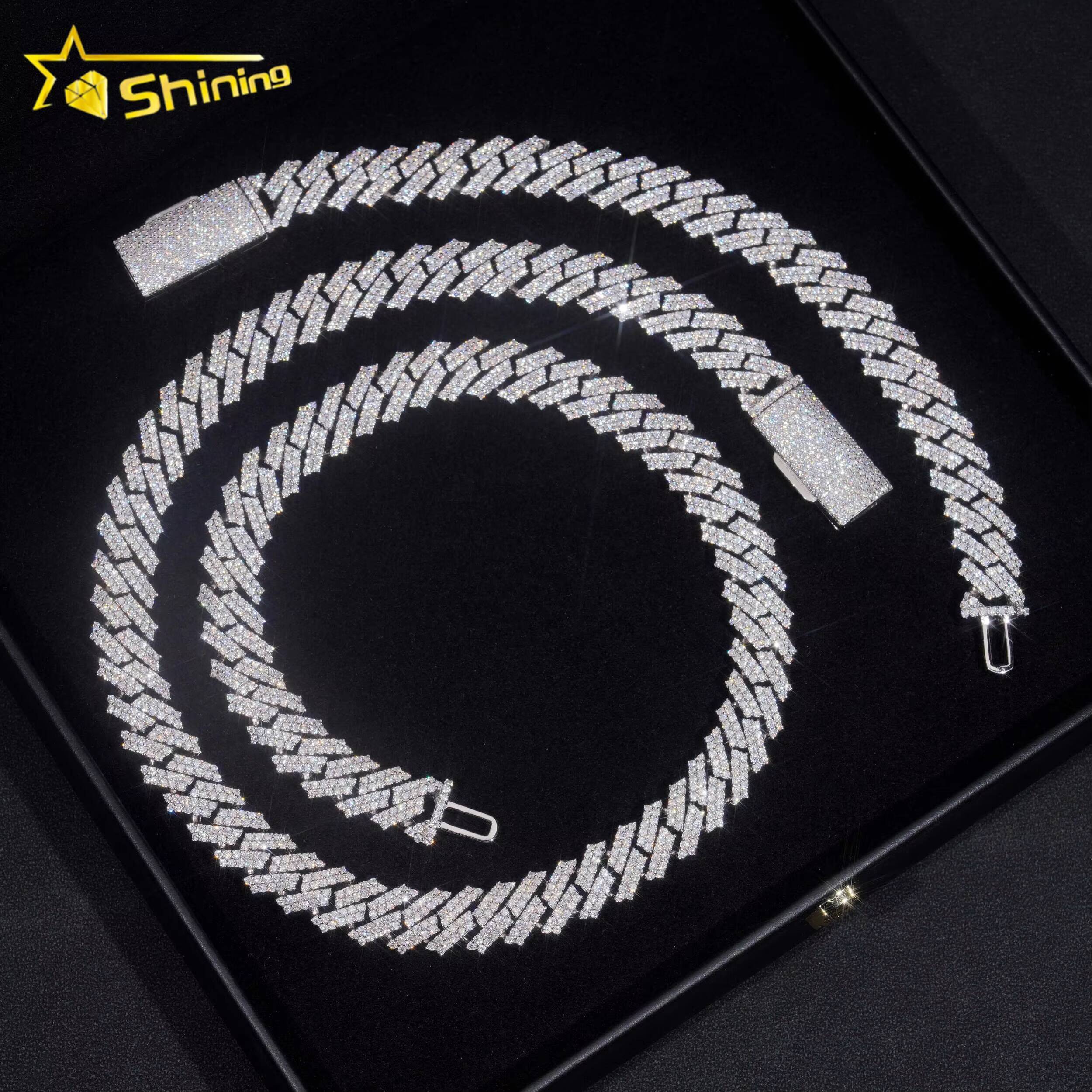 Pass Diamond Tester Hip Hop 925 Silver Two Row Straight Edge 12MM Moissanite Cuban Link Chain