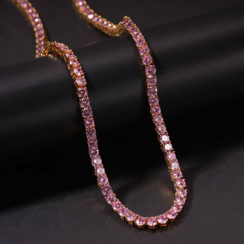 4mm Full Pink CZ Tennis Chain Necklace Cubic Zirconia Women Rapper Choker Necklace Baby Pink Jewelry