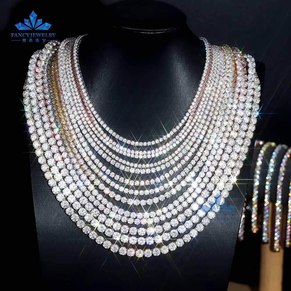 Ready to Ship 925 Sterling Silver Hip Hop Tennis Chain VVS Moissanite Tennis Necklace in 2mm 3mm 4mm 5mm 6.5mm Sizes