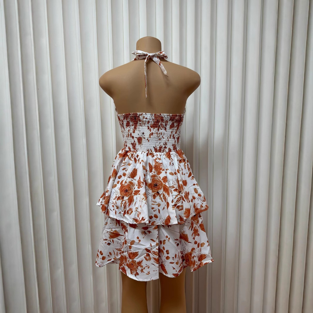 2025 European and American new printed backless collar, low cut sexy tie, backless dress fashion for women, wholesale new designer dress