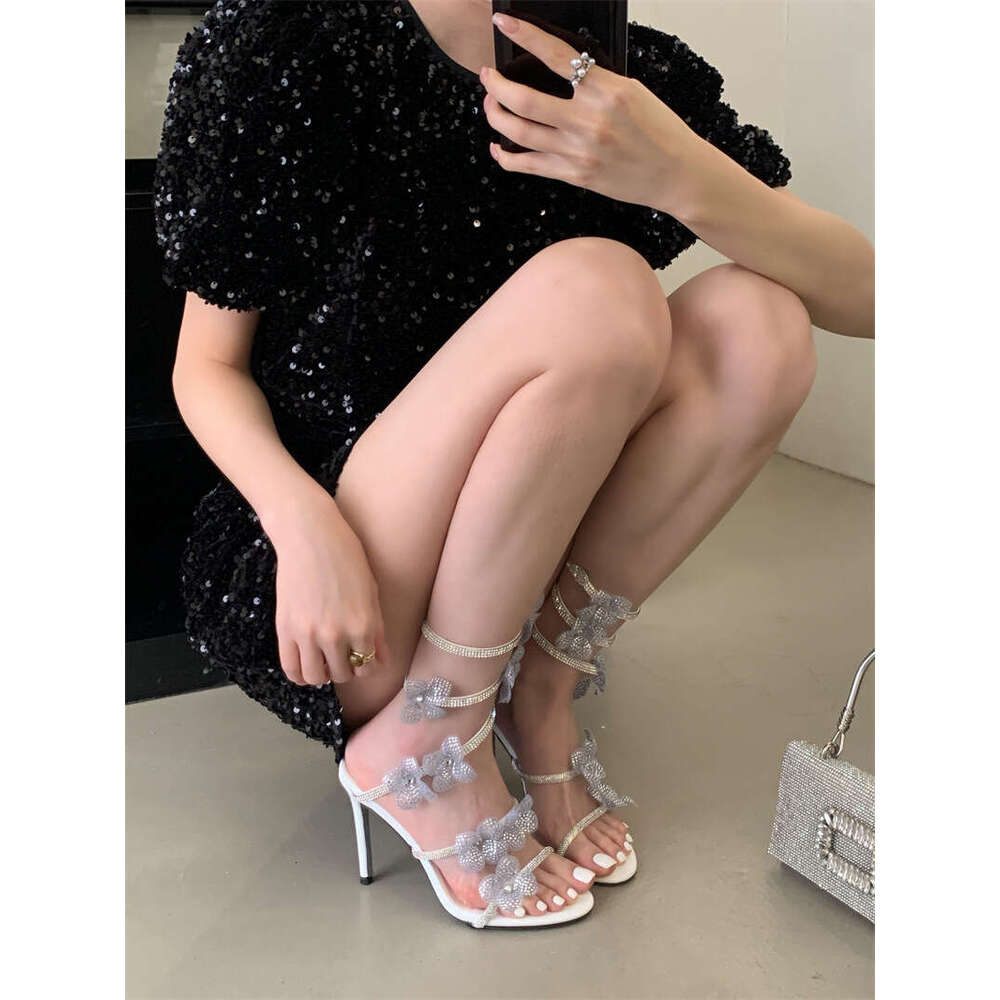 2025 Spring New Plus Size snake Elegant Sweet Stiletto Heels Women's Floral Rhinestone Open Toe Sandals Ankle Strap