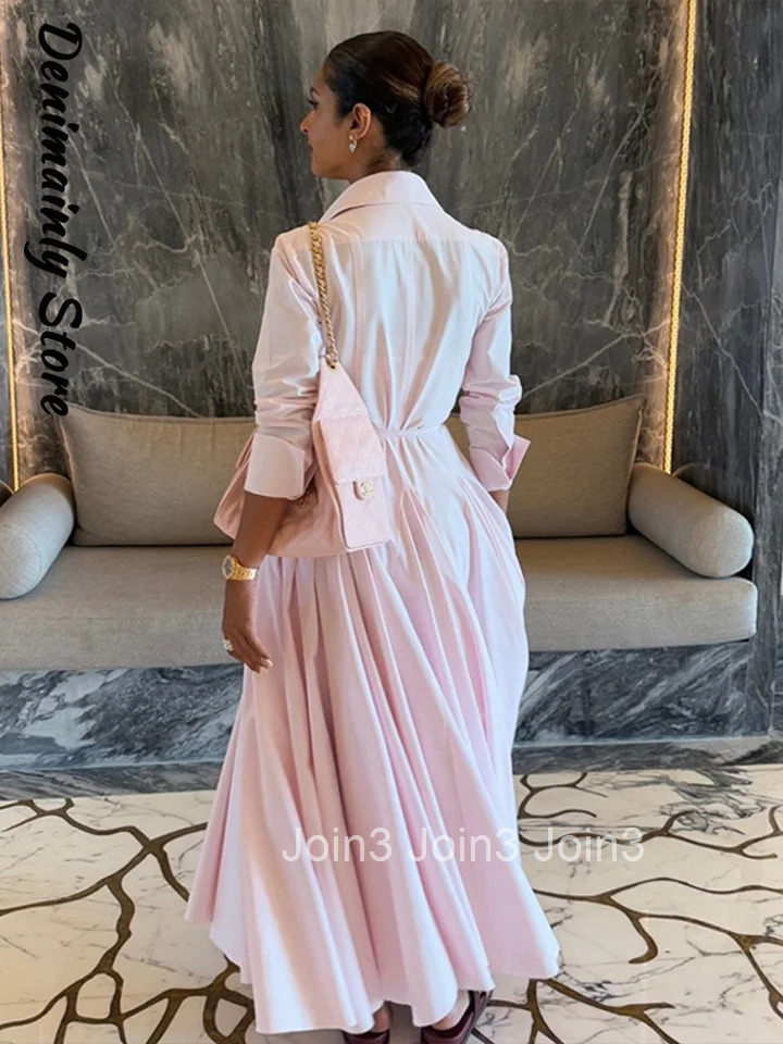 Casual Striped Women Summer Dress Lapel Single Breast Half Sleeve Slim Waist Long Dresses Autumn Lady Fashion Vacation Robe
