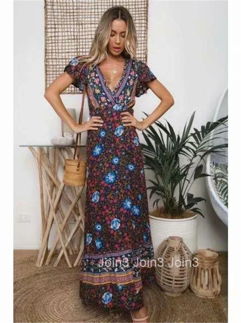 Boho Queens Women Floral Print Bat Sleeve Beach Robe Bohemian Maxi Dresses Ladies Sexy V Neck Summer Happie Dress Vestidos