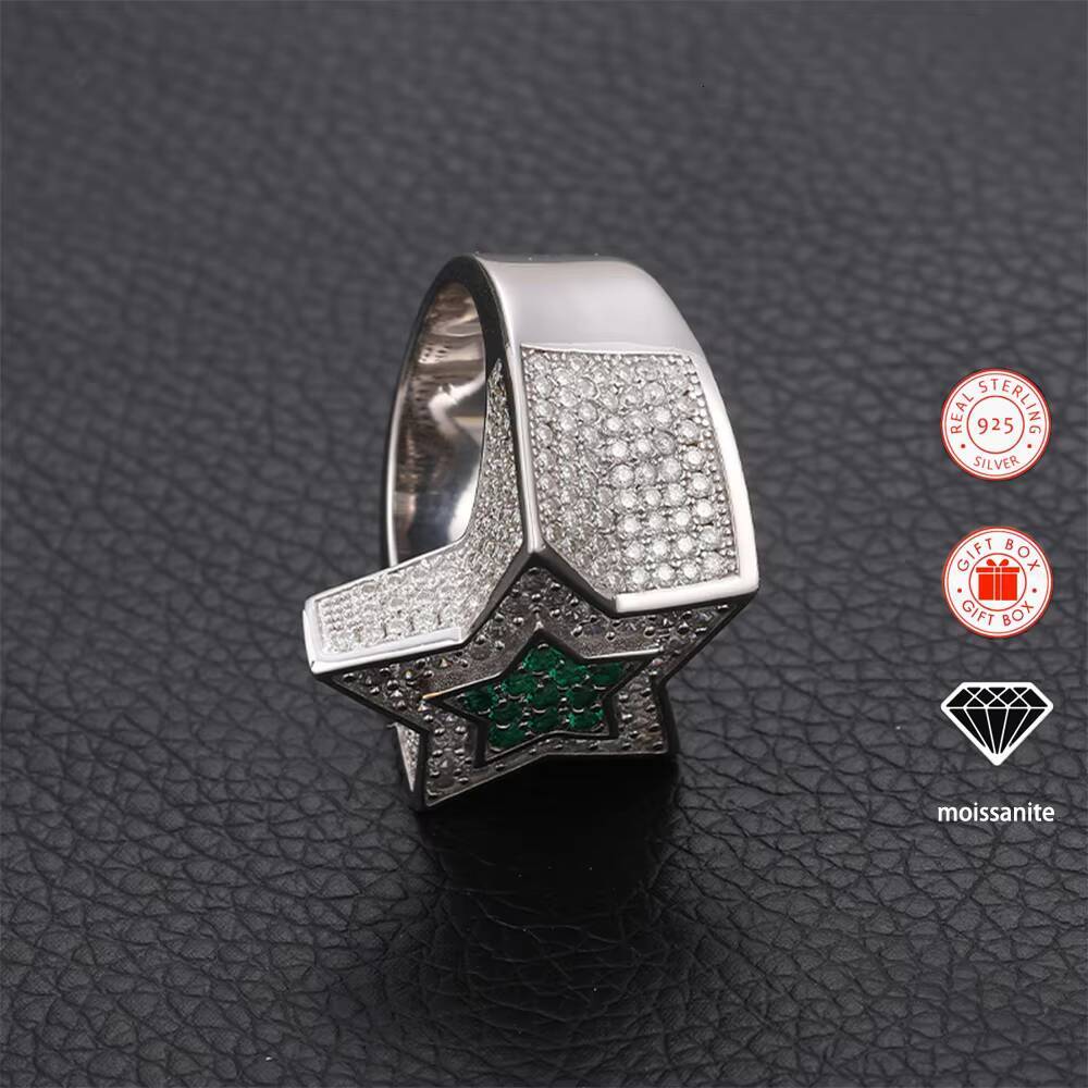 Sapphire Star Pentagram Moissanite Ring for Men 18K Gold-Plated S925 Sterling Silver Hiphop Style Rings