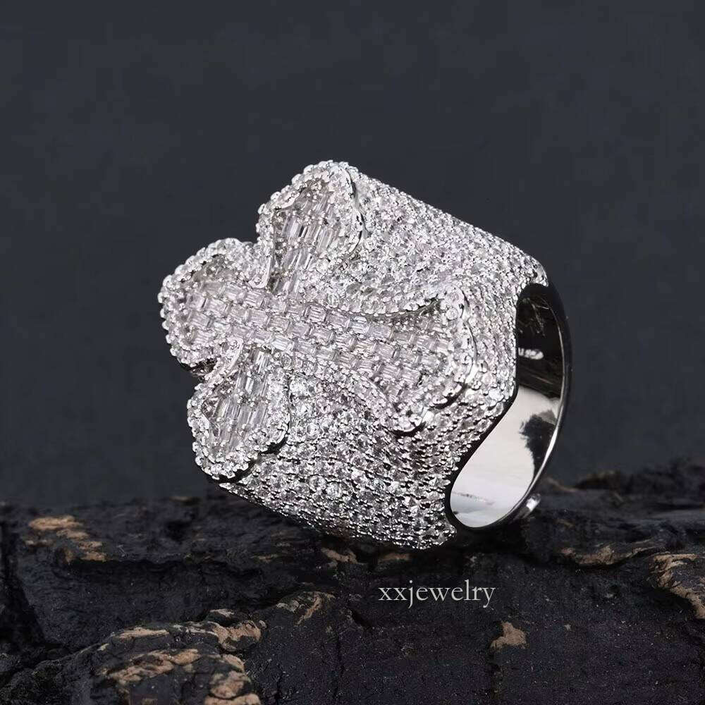 Pure Sier Handmade Set Hip-Hop Iced Champion Cross VVS Moissanite Men's Ring