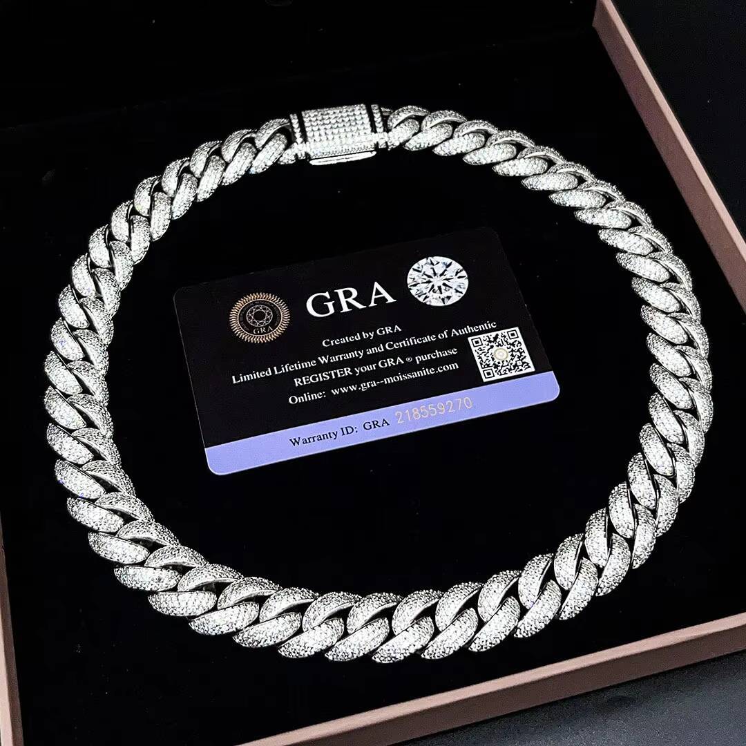 Fine Jewelry Necklace S925 Sterling Silver Hip Hop Iced Out 2 Row Vvs1 Moissanite Diamond Cuban Link Chain