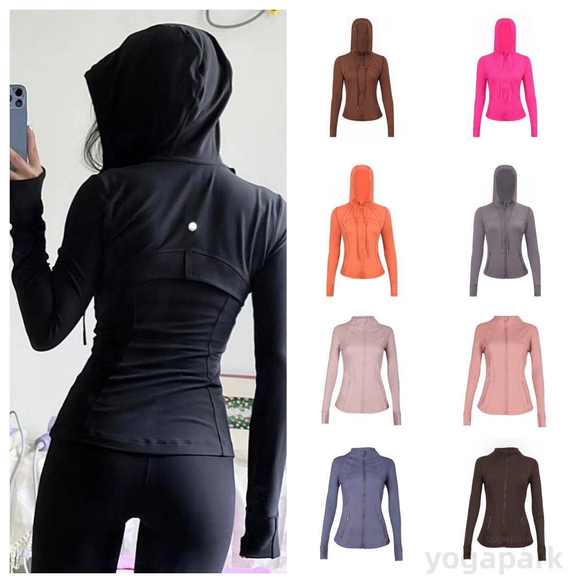 Women Jacket Outfit Gold Zipper Hooded Define Activewear Slim Fit Zip Thumb Hole Running pants Workout Fiess Yoga set Sportswear Jackets