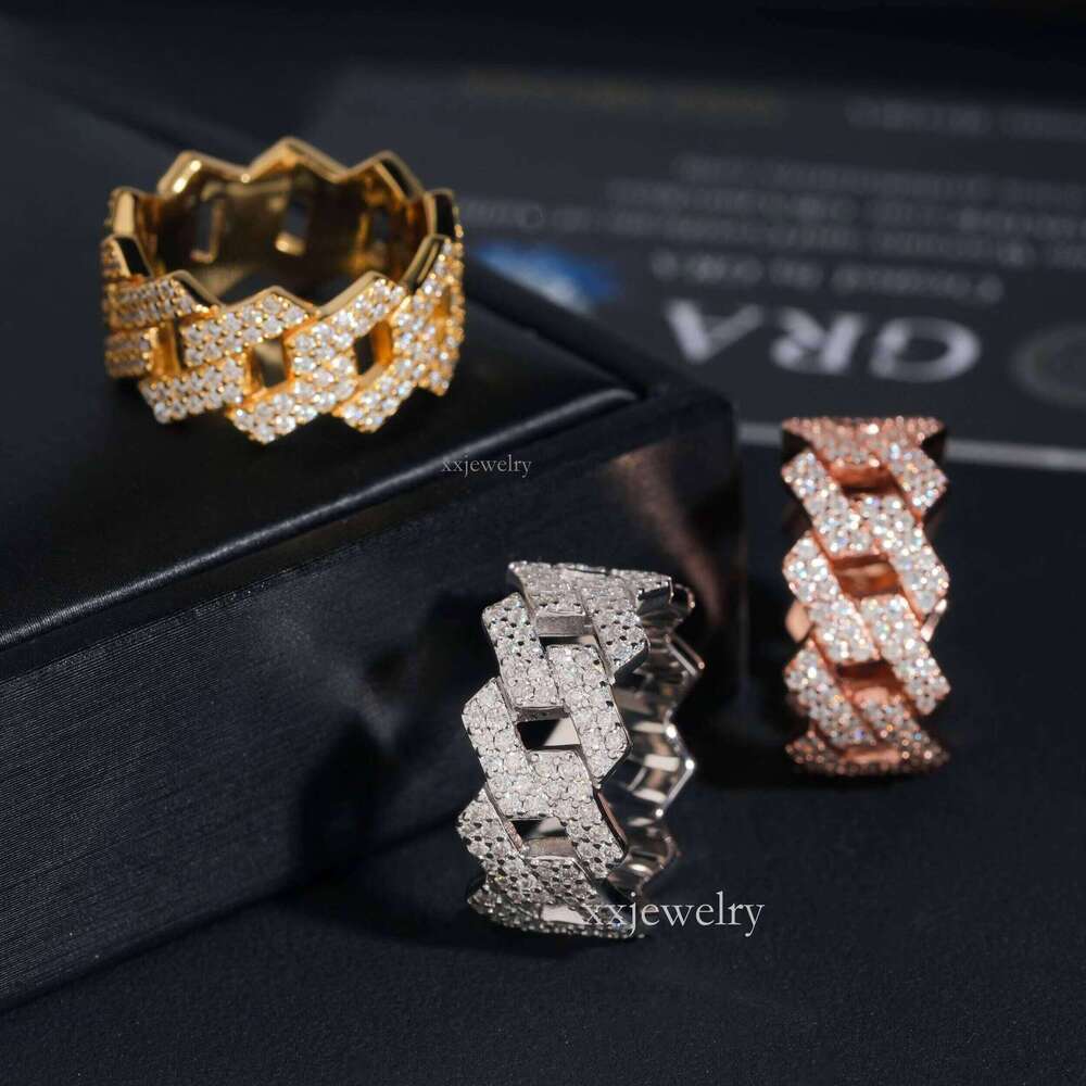 Factory Direct High Quality Hip Hop Two Row Sterling Sier Moissanite Iced Out Cuban Ring