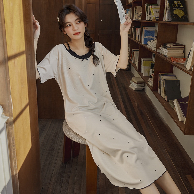 B998-New cool ice silk nightdress for women summer with chest pad short sleeves sweet cartoon mid-length pajamas skirt