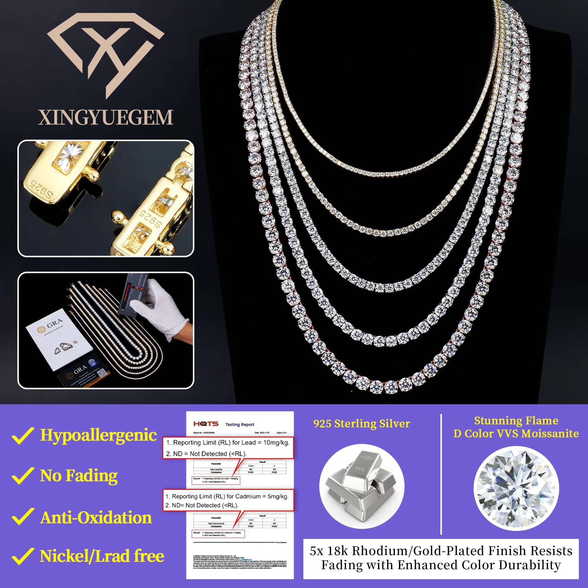 Best Price Hiphop Jewelry 2mm 3mm 4mm 5mm 6mm Gra S925 Sterling Silver Iced Out Vvs Necklace Diamond Mossanite Tennis