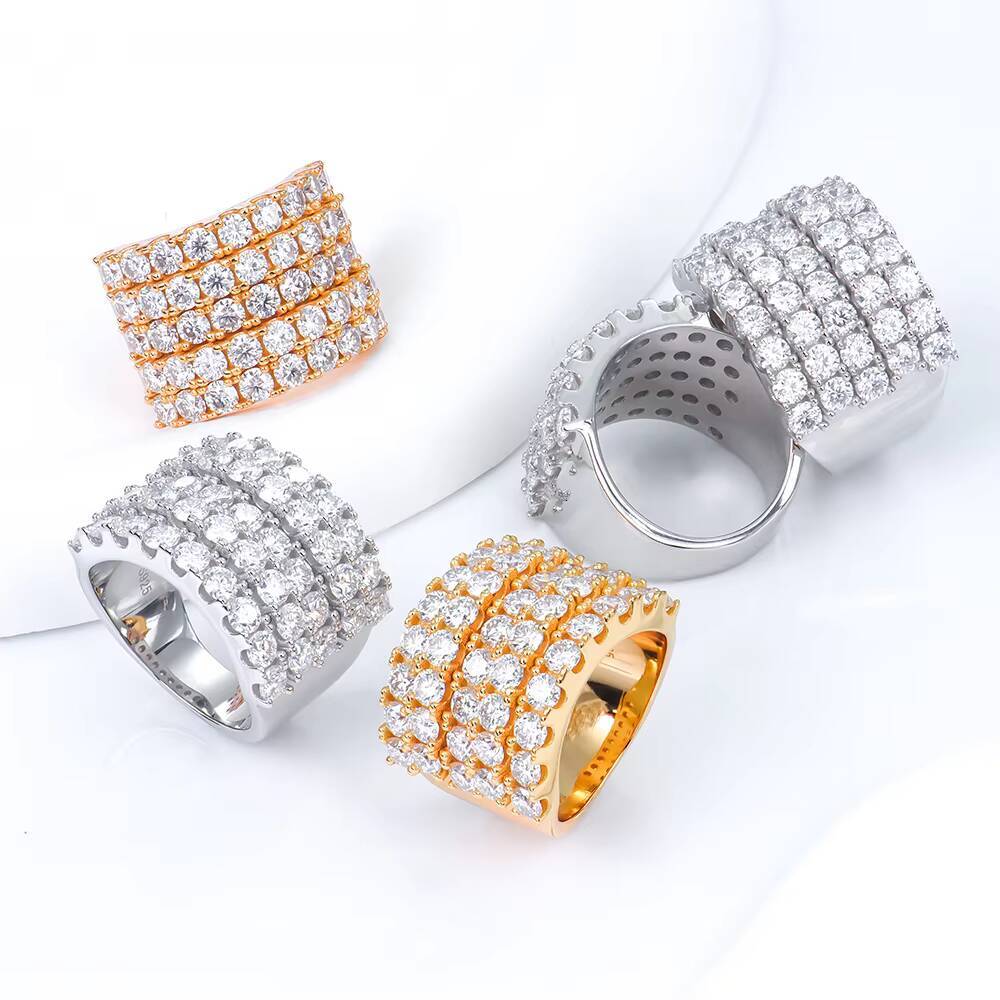 Wholesale Trendy Personalized 5-Row 925 Sterling Silver Finger Ring Custom Lab Grown Moissanite Diamond Womens Hip Hop Gift