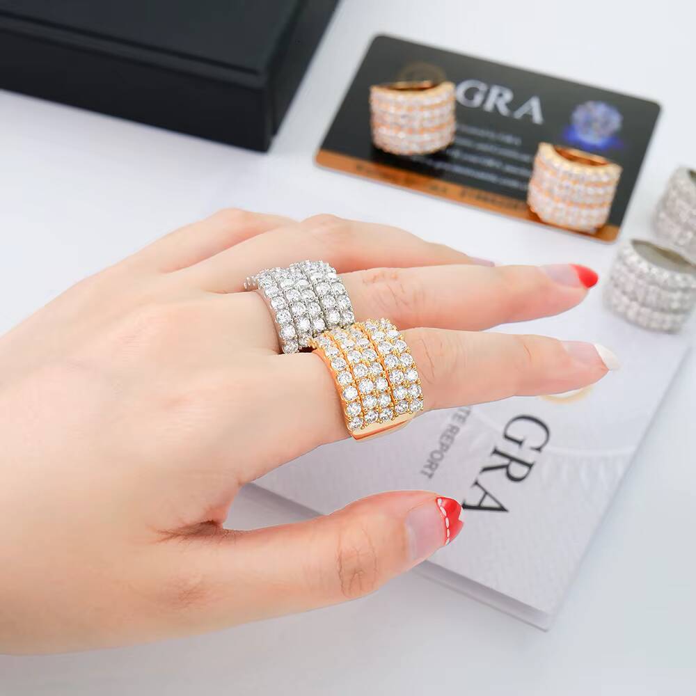 Wholesale Trendy Personalized 5-Row 925 Sterling Silver Finger Ring Custom Lab Grown Moissanite Diamond Womens Hip Hop Gift