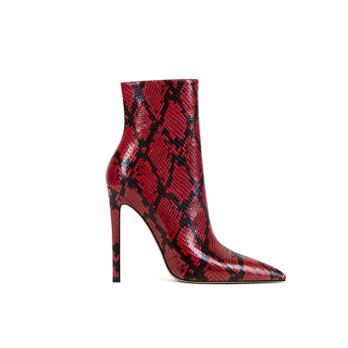 Snake Print Pointed Toe Stiletto Boots 8CM+ Thin Heel Ankle Boots for Women in Red and Grey