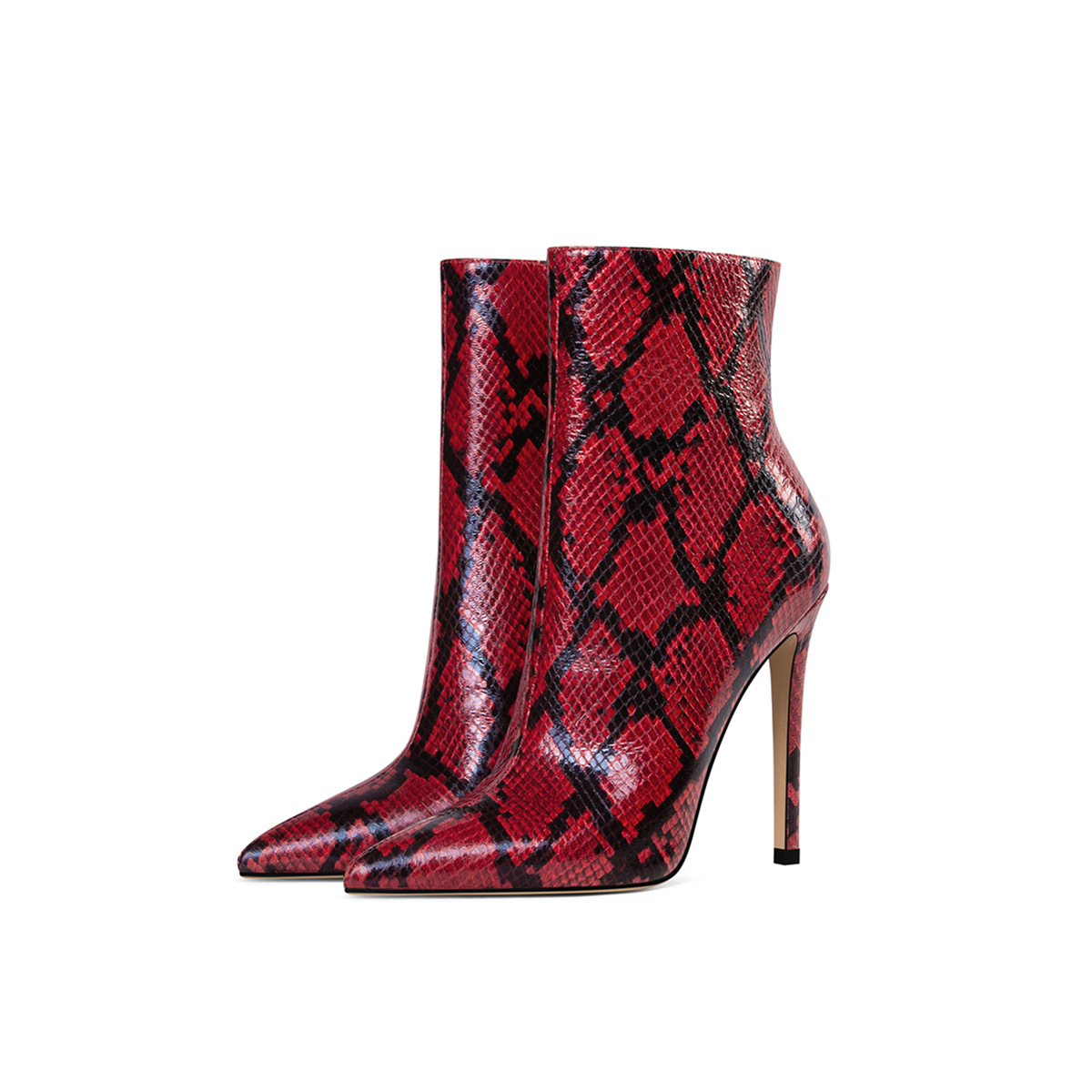 Snake Print Pointed Toe Stiletto Boots 8CM+ Thin Heel Ankle Boots for Women in Red and Grey