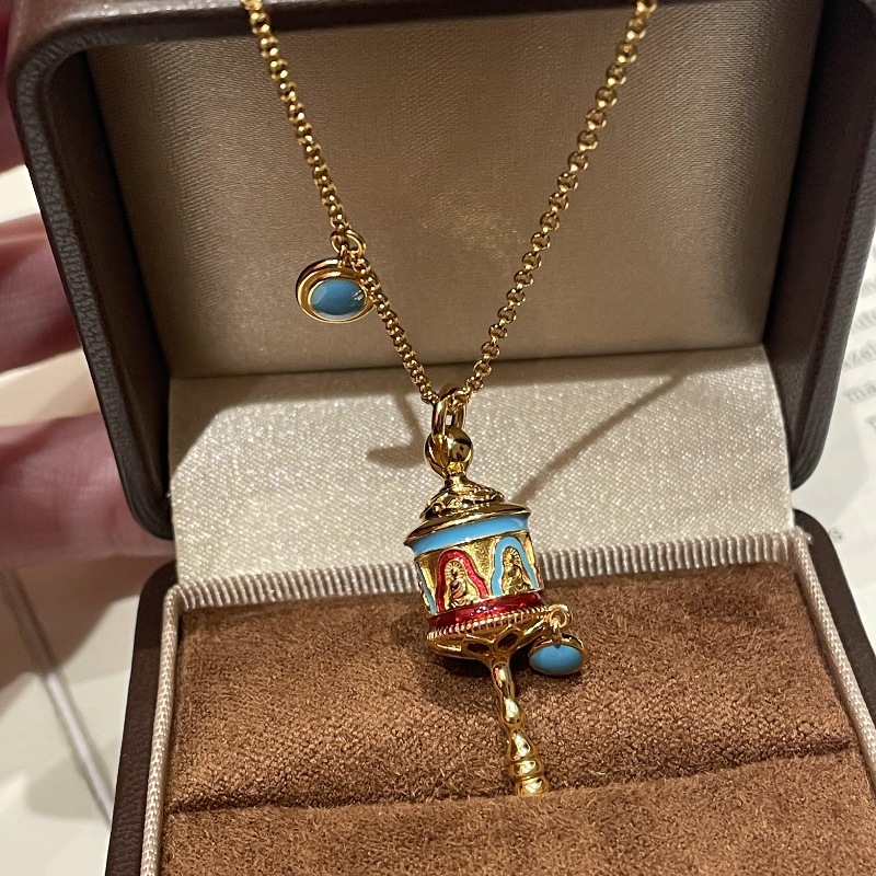 fashion temperament Versatile Handcrafted Brass Spinner Necklace Lapis Enamel Turquoise Accents