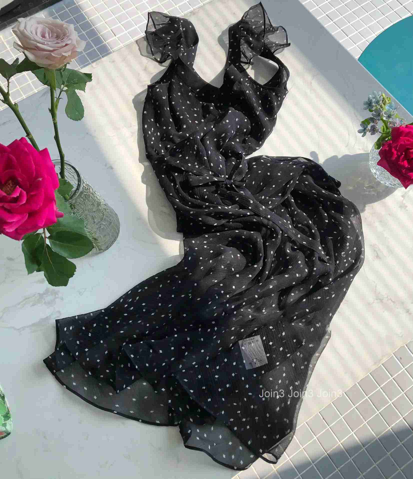 Ladies High-end Slik Printing Midi Dress With Ruffled Detail