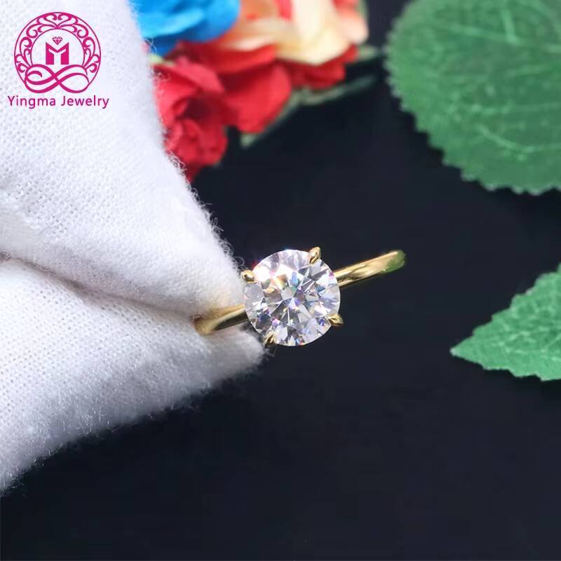 Yingma Jewelry Simple Design 8mm 2ct Round Cut 925 Sterling Silver 14K 18K Yellow Gold Moissanite Ring for Wedding Engagement